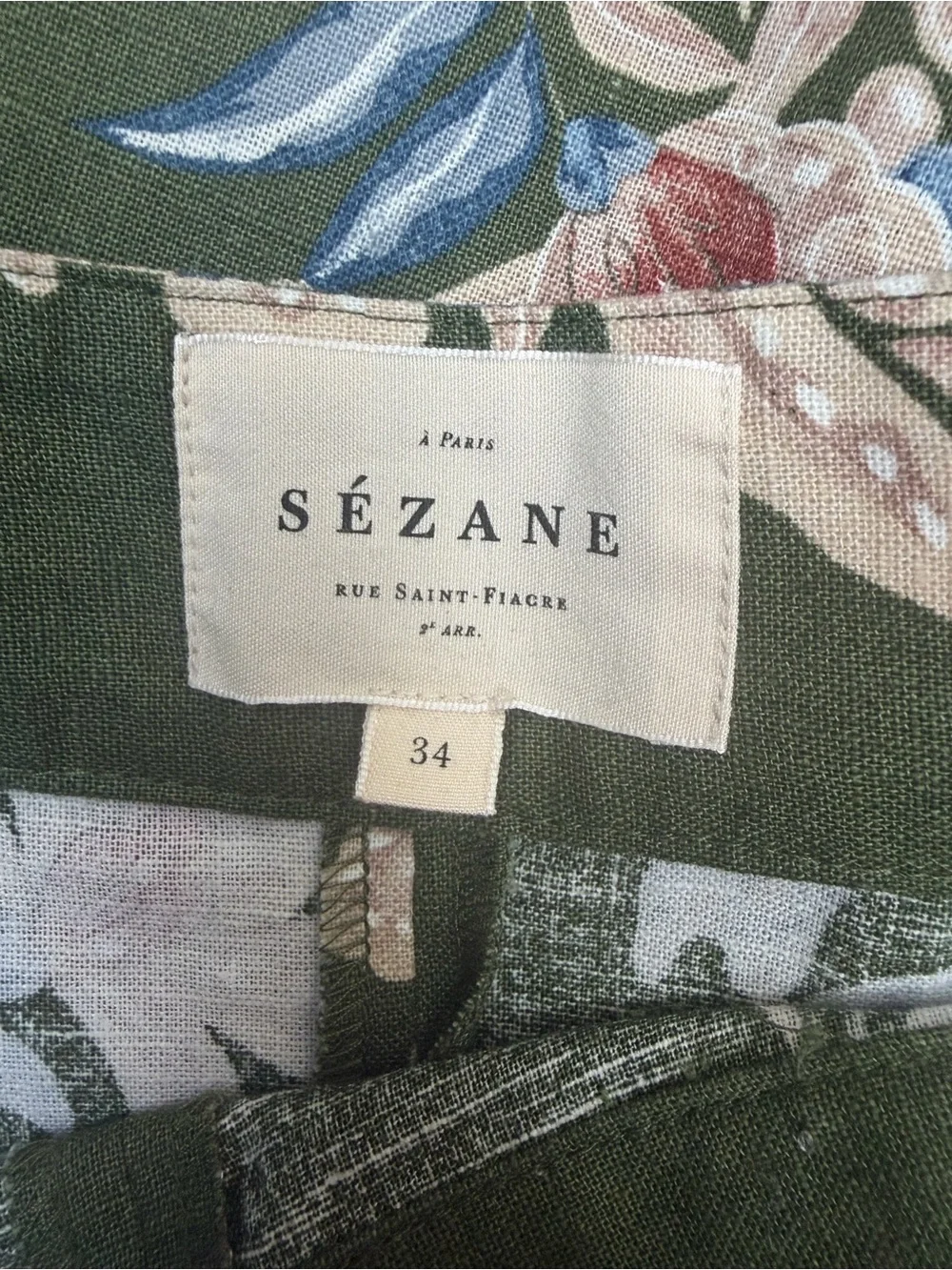 Sezane Tyler Floral Trousers High Waist Wide Leg Linen Cotton Olive Green Size 2